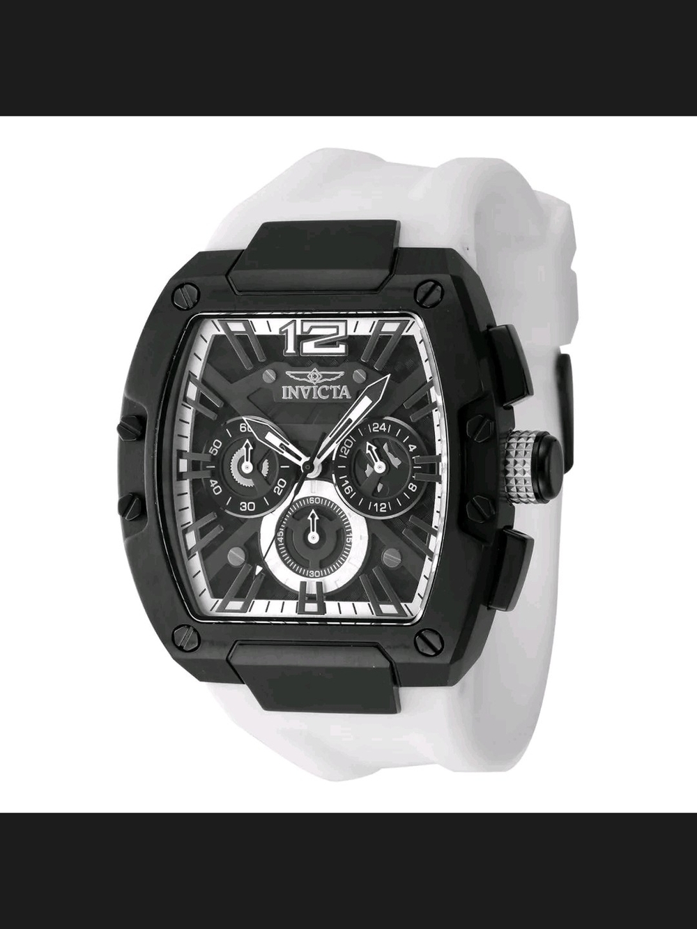 Invicta Black and White Chronograph Watch with Tonneau Case 43mm